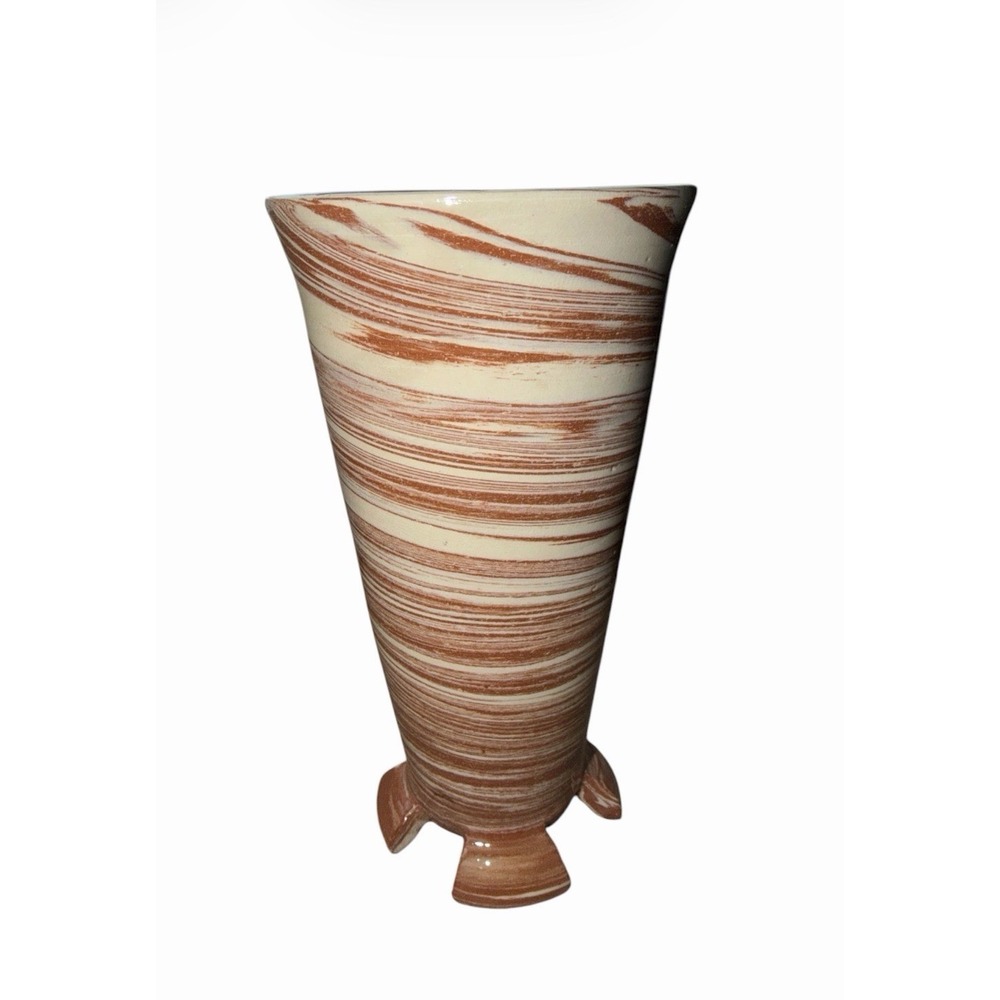VTG American Art & Crafts Pottery Footed Vase Mission Swirl Marbled Beige Brown